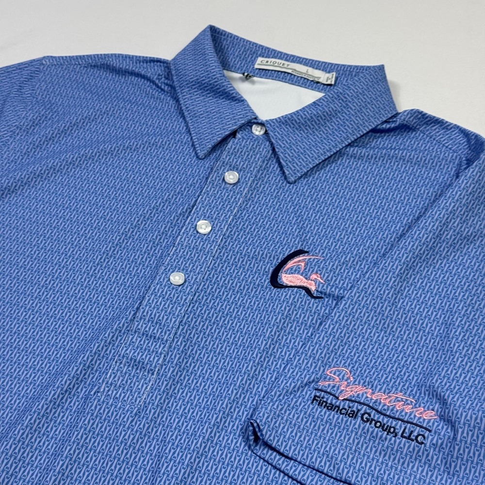 Criquet Polo Shirt Mens Large Blue Bottle Opener Print Signature Financial Golf